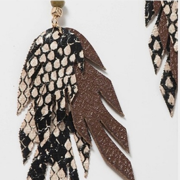 Artisan Fall Leather Feather Dangle Earrings Brown - Picture 7 of 8